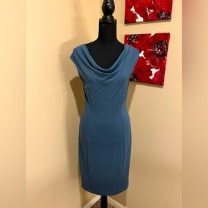 Ann Taylor Elegant Blue-Green Drape Neck Cap Sleeve Form-fit Dress, size 0